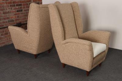Gio Ponti Pair of Italian Modernist High Back Lounge Chairs in Two Tone Boucl and Walnut