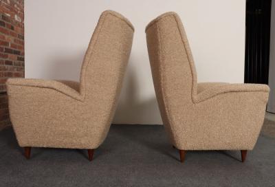 Gio Ponti Pair of Italian Modernist High Back Lounge Chairs in Two Tone Boucl and Walnut