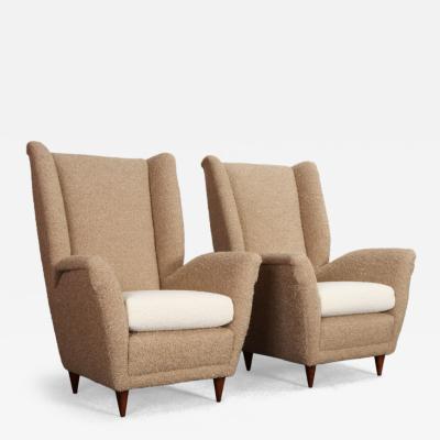 Gio Ponti Pair of Italian Modernist High Back Lounge Chairs in Two Tone Boucl and Walnut