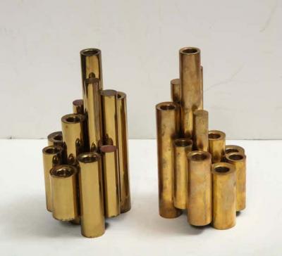 Gio Ponti Pair of Vintage Polished Brass Tubular Candleholders in the Style of Gio Ponti