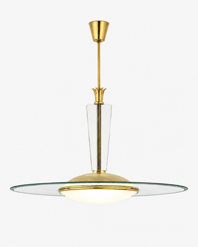 Gio Ponti Rare Ceiling light in Beveled Glass Opaline Glass and Brass by Fontana Arte
