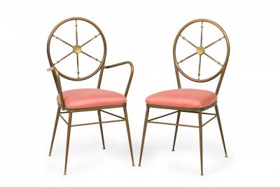 Gio Ponti Set of 4 Gio Ponti Italian Ships Wheel Brass Frame Rose Pink Upholstered Chairs
