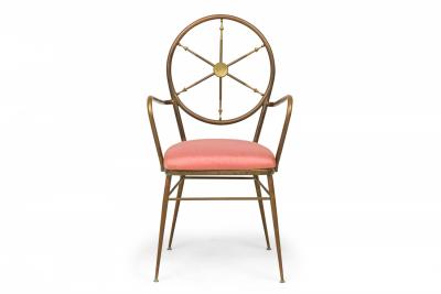 Gio Ponti Set of 4 Gio Ponti Italian Ships Wheel Brass Frame Rose Pink Upholstered Chairs