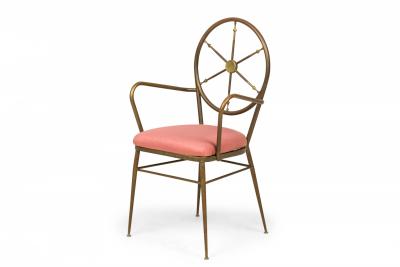 Gio Ponti Set of 4 Gio Ponti Italian Ships Wheel Brass Frame Rose Pink Upholstered Chairs