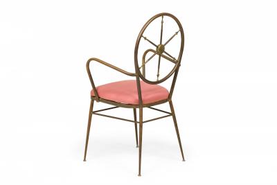 Gio Ponti Set of 4 Gio Ponti Italian Ships Wheel Brass Frame Rose Pink Upholstered Chairs