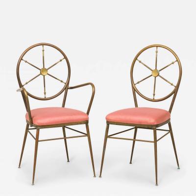 Gio Ponti Set of 4 Gio Ponti Italian Ships Wheel Brass Frame Rose Pink Upholstered Chairs