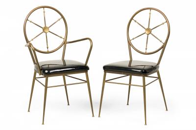 Gio Ponti Set of 7 Gio Ponti Italian Ships Wheel Brass and Black Patent Leather Chair Set