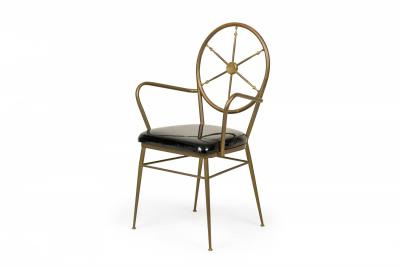 Gio Ponti Set of 7 Gio Ponti Italian Ships Wheel Brass and Black Patent Leather Chair Set