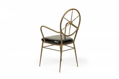 Gio Ponti Set of 7 Gio Ponti Italian Ships Wheel Brass and Black Patent Leather Chair Set