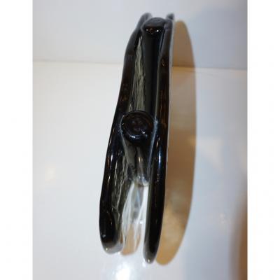 Giorgio Ferro 1970s Vintage Abstract Italian Smoked Black Murano Glass Oval Flower Vase