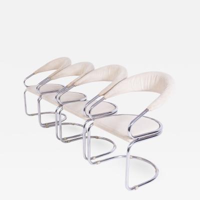 Giotto Stoppino Set of Four Giotto Stoppino Chairs in Beige Cotton and Steel