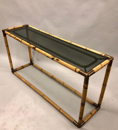 Giovanni Banci 2 Italian Midcentury Bamboo or Rattan and Glass Consoles or Sofa Tables by Banci