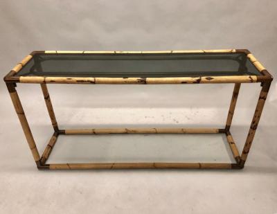 Giovanni Banci 2 Italian Midcentury Bamboo or Rattan and Glass Consoles or Sofa Tables by Banci