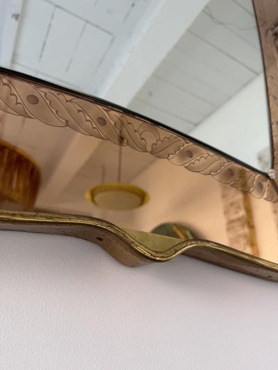 Giovanni Gariboldi Mirror Brass and Pink Colored Glass by Giovanni Battista Gariboldi Italy 1950s