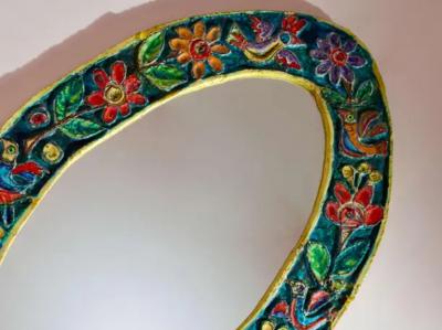 Giovanni de Simone De Simone oval mirror with polychrome ceramic frame Italy 1950s