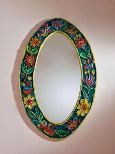 Giovanni de Simone De Simone oval mirror with polychrome ceramic frame Italy 1950s
