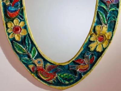 Giovanni de Simone De Simone oval mirror with polychrome ceramic frame Italy 1950s