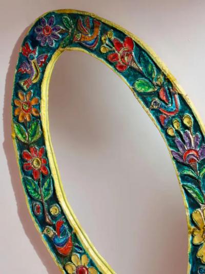 Giovanni de Simone De Simone oval mirror with polychrome ceramic frame Italy 1950s