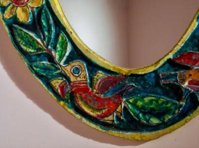 Giovanni de Simone De Simone oval mirror with polychrome ceramic frame Italy 1950s