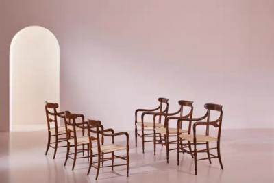 Giuseppe Gaetano Descalzi Guido Chiappe Model Campanino Armchairs Beechwood and Cane Chiavari 1950s