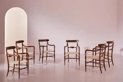 Giuseppe Gaetano Descalzi Guido Chiappe Model Campanino Armchairs Beechwood and Cane Chiavari 1950s