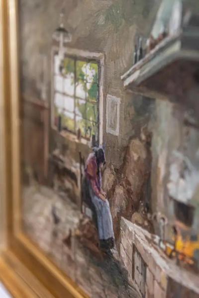 Giuseppe Gheduzzi Italian Giuseppe Gheduzzi Oil on Panel Painting of Woman in Front of a Fireplace