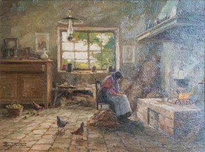 Giuseppe Gheduzzi Italian Giuseppe Gheduzzi Oil on Panel Painting of Woman in Front of a Fireplace