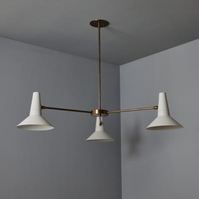 Giuseppe Ostuni Large Three Cone White and Brass Chandelier in the Style of Giuseppe Ostuni