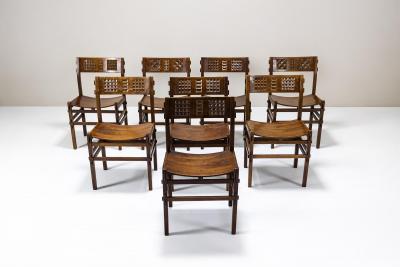 Giuseppe Rivadossi Set of Eight Rivadossi Dining Chairs with Carved Backrests in Slavonian Oak