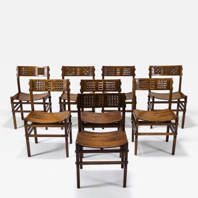 Giuseppe Rivadossi Set of Eight Rivadossi Dining Chairs with Carved Backrests in Slavonian Oak