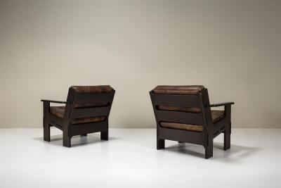 Giuseppe Rivadossi Set of Two Armchairs by Giuseppe Rivadossi in Leather and Slavonian Oak