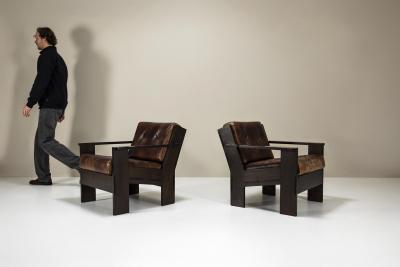 Giuseppe Rivadossi Set of Two Armchairs by Giuseppe Rivadossi in Leather and Slavonian Oak