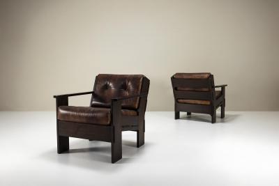 Giuseppe Rivadossi Set of Two Armchairs by Giuseppe Rivadossi in Leather and Slavonian Oak