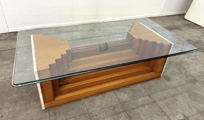 Giuseppe Rivadossi Wood and Glass Coffee Table with Sculptural Base 1970s by Giuseppe Rivadossi