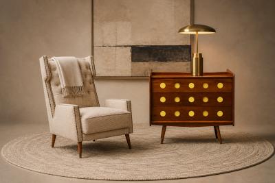 Giuseppe Scapinelli Brazilian Modern Armchair in Hardwood Warm Oatmeal Boucl by Scapinelli