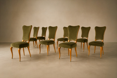 Giuseppe Scapinelli Brazilian Modern Set of Eight Dining Chairs in Pau Marfim and Olive Green Mohair