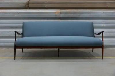 Giuseppe Scapinelli Brazilian Modern Sofa in Hardwood and Blue Fabric by Giuseppe Scapinelli 1950