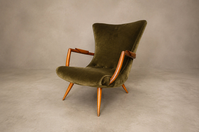 Giuseppe Scapinelli Giuseppe Scapinelli Sculptural Cavi na Olive Green Mohair Armchairs
