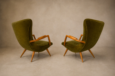 Giuseppe Scapinelli Giuseppe Scapinelli Sculptural Cavi na Olive Green Mohair Armchairs