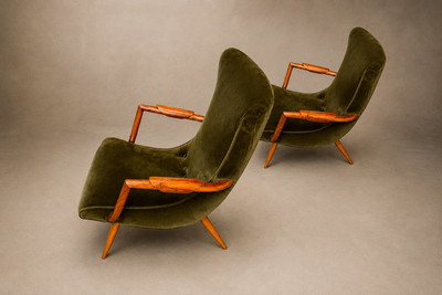 Giuseppe Scapinelli Giuseppe Scapinelli Sculptural Cavi na Olive Green Mohair Armchairs