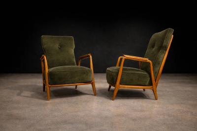 Giuseppe Scapinelli Pair of Armchairs in Pau Marfim Olive Green Mohair Giuseppe Scapinelli