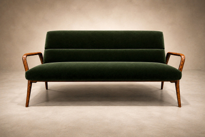 Giuseppe Scapinelli Sculptural Sofa in Solid Cavi na Deep Evergreen Italian Mohair Velvet
