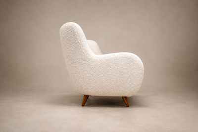 Giuseppe Scapinelli Sofa in Cavi na Wood and Off White Boucl by Giuseppe Scapinelli