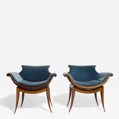 Giuseppe Scapinelli Unique Pair of Mid century Armchairs in Brazilian Caviuna and Blue Velvet