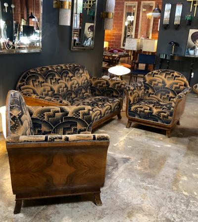 Glamorous Art Deco Sofa and Two Chairs Suite in Cotton Velvet Italy 1920s