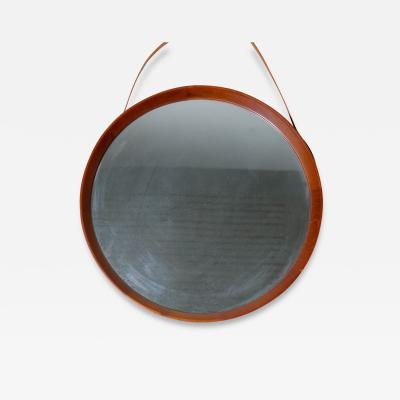 Glas Tr Hovmantorp Midcentury Round Mirror in Leather and Teak by Glas Tr Hovmantorp in Sweden