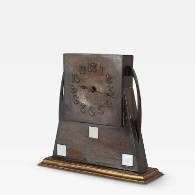 Glasgow School Patinated Brass Clock with Mother Of Pearl Inlaid Square Details