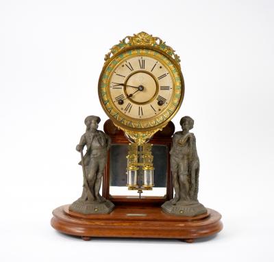 Glass Dome Bronze Wood Base Porcelain Face Mantel Clock