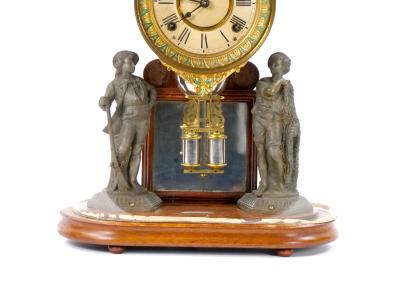 Glass Dome Bronze Wood Base Porcelain Face Mantel Clock