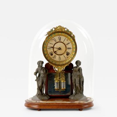 Glass Dome Bronze Wood Base Porcelain Face Mantel Clock